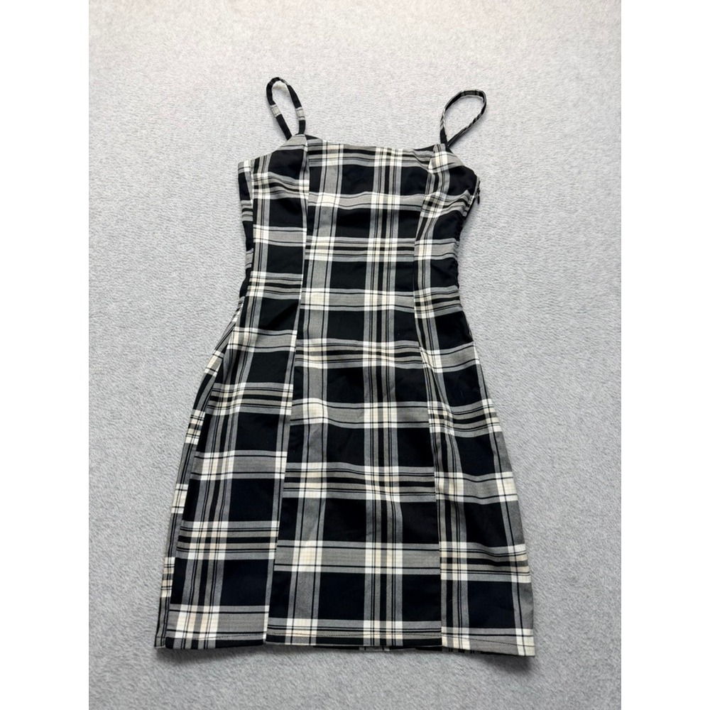 H&M Divided Black White Plaid Spaghetti Strap Mini Dress XXS